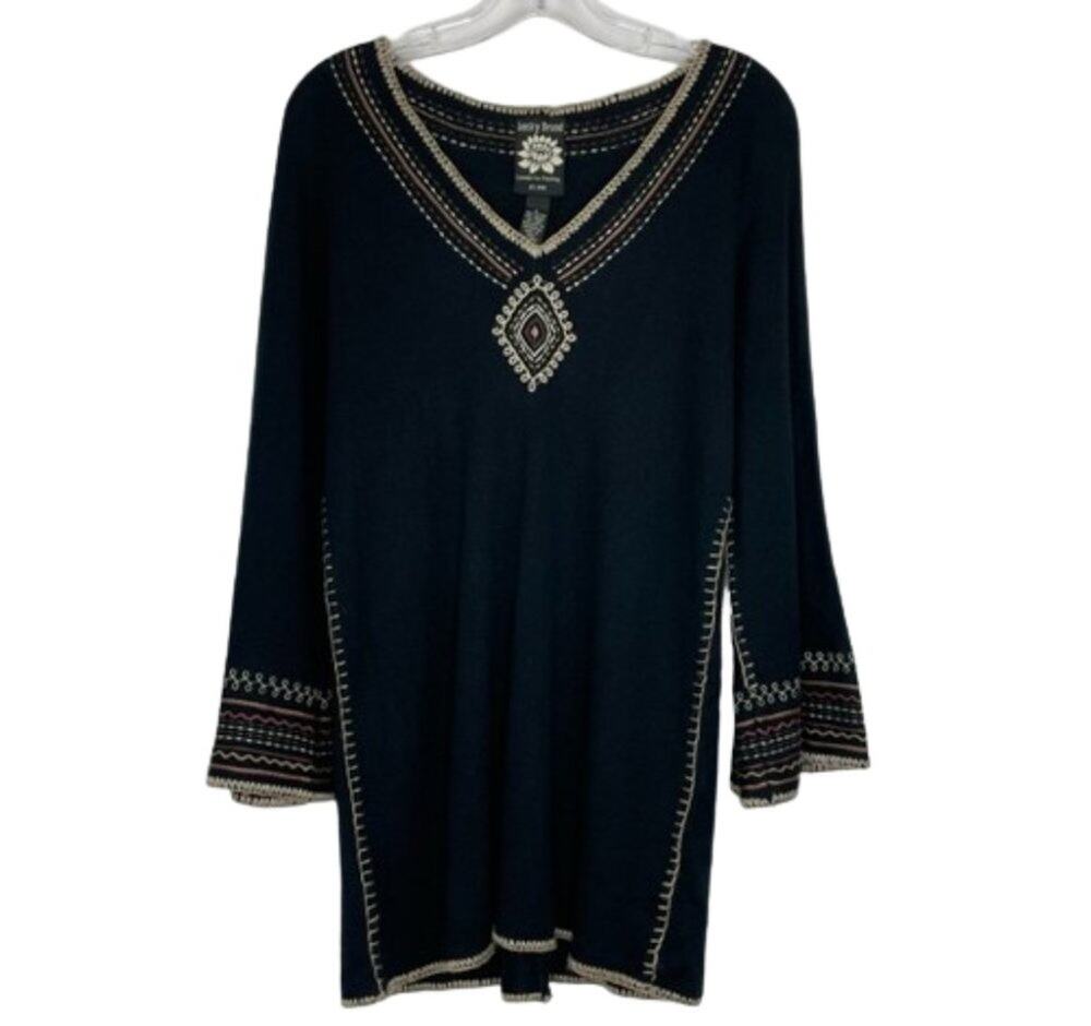Lucky Brand black long sleeve knit tunic V-neck embroidered bohemian size Medium